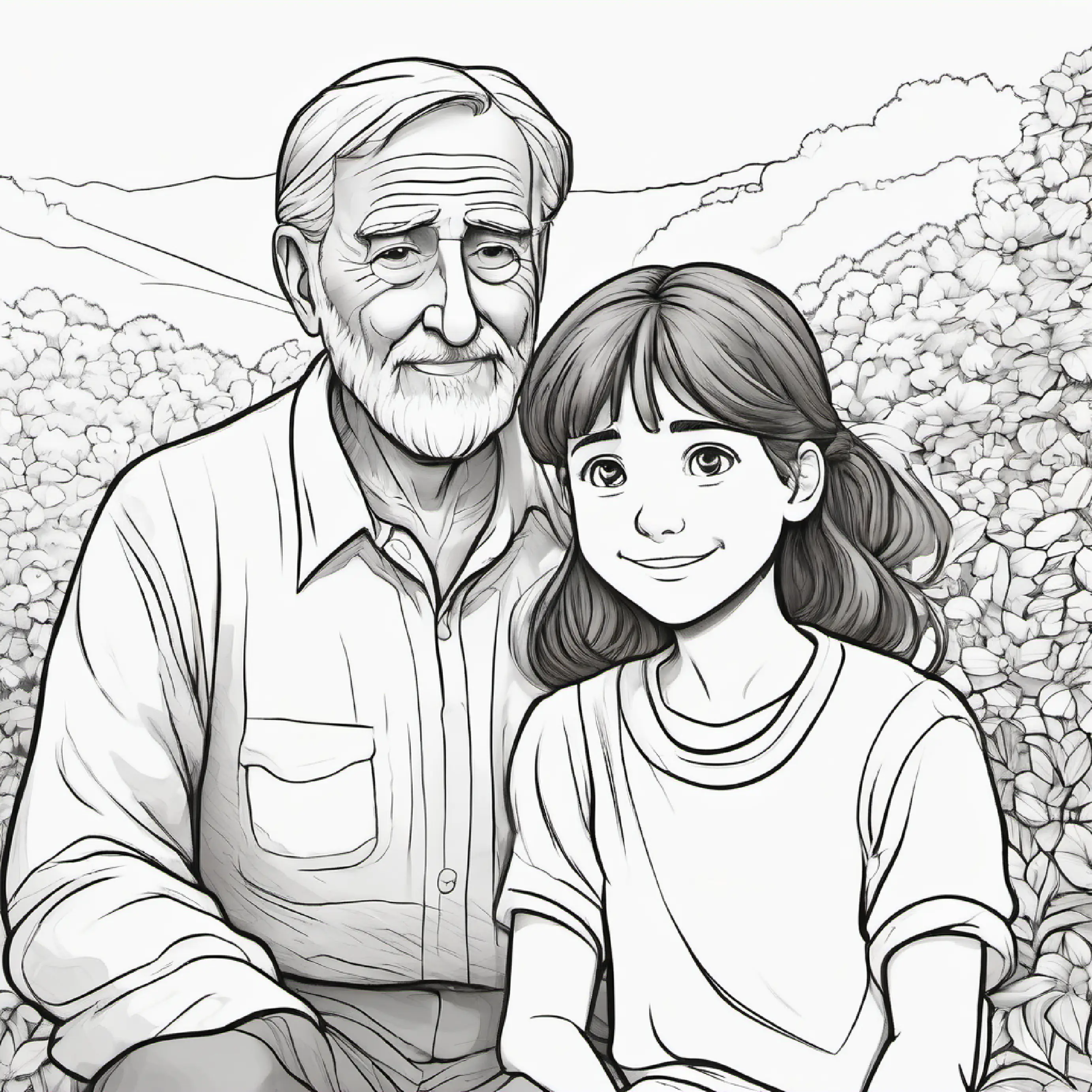 Young, caring girl with brown hair and hazel eyes guides the old man, expression of gratitude.