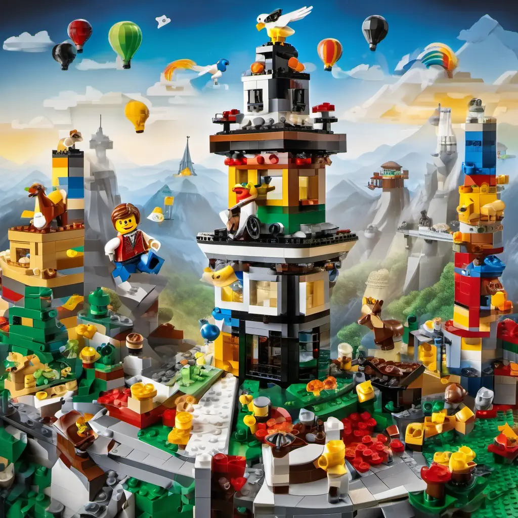 Curly hair, big brown eyes, happy smile, colorful clothes and the Fuzzy black and white tuxedo, waddling and squawking joyfully wiggling and jiggling, laughing and dancing, on the highest point of the tower.