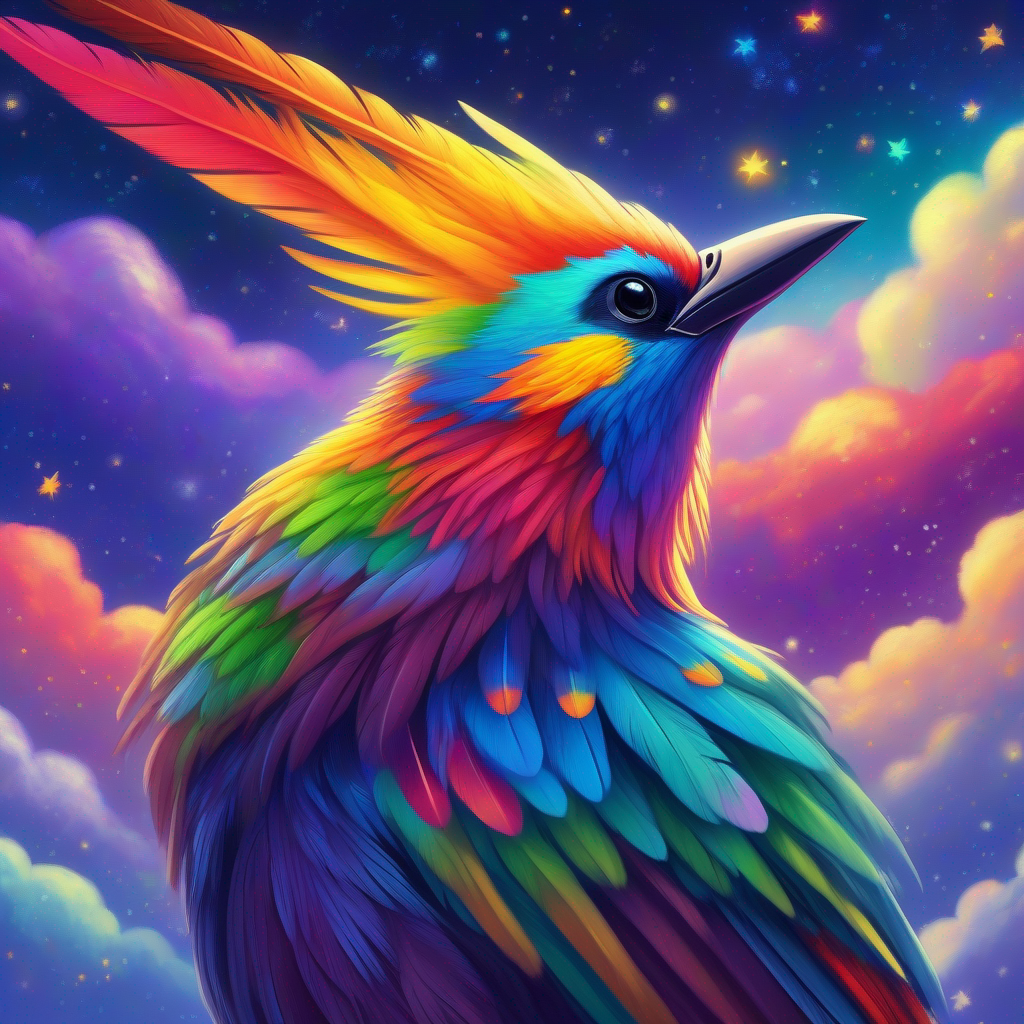 A brave bird with rainbow-colored feathers looking up at the stars