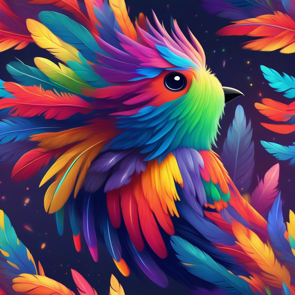 A brave bird with rainbow-colored feathers with a rainbow-colored rocket