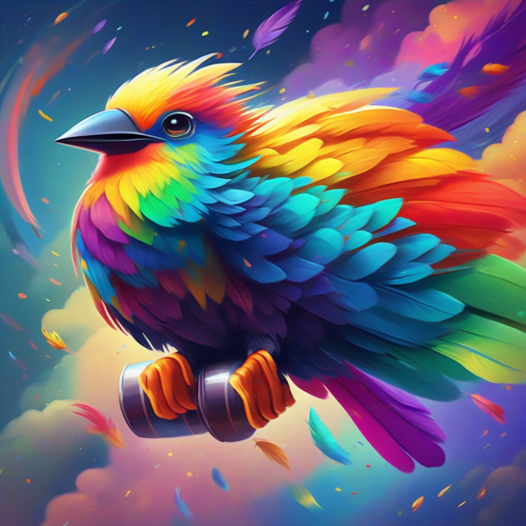 A brave bird with rainbow-colored feathers flying in a colorful rocket