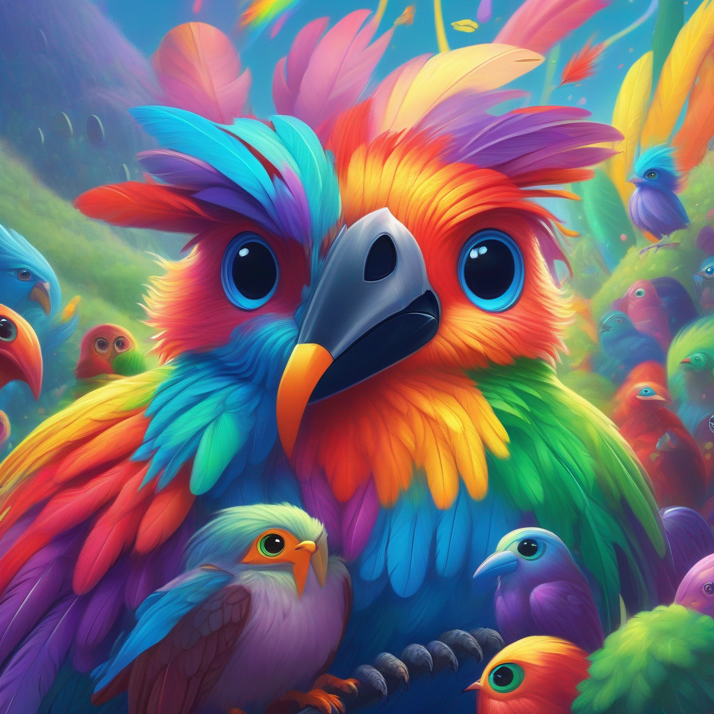 A brave bird with rainbow-colored feathers surrounded by friendly aliens