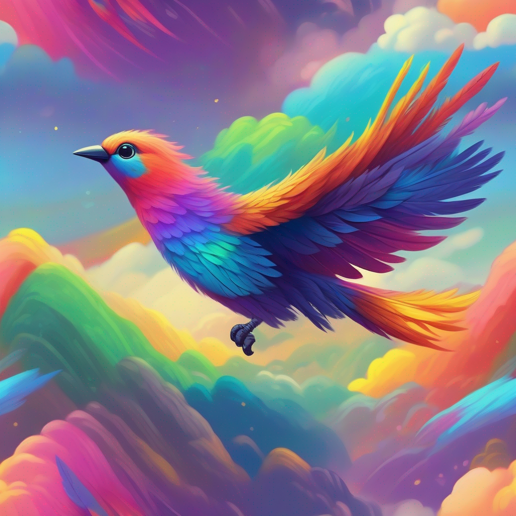 A brave bird with rainbow-colored feathers flying back to Earth