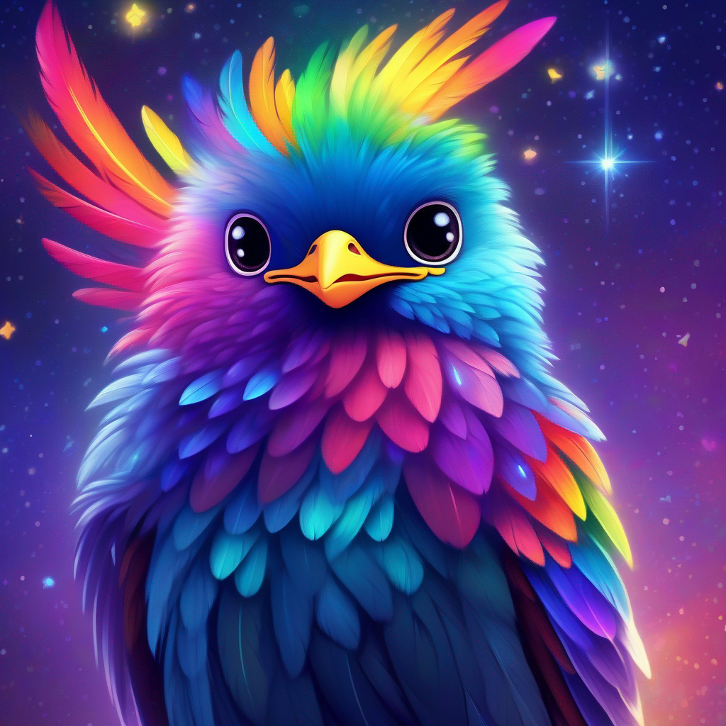 A brave bird with rainbow-colored feathers smiling with a starry background