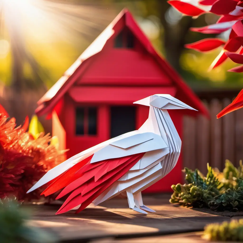 A feathery friend with bright red comb and golden wings in the yard, with a bright red comb, a wooden house in the background, and the morning sun shining.