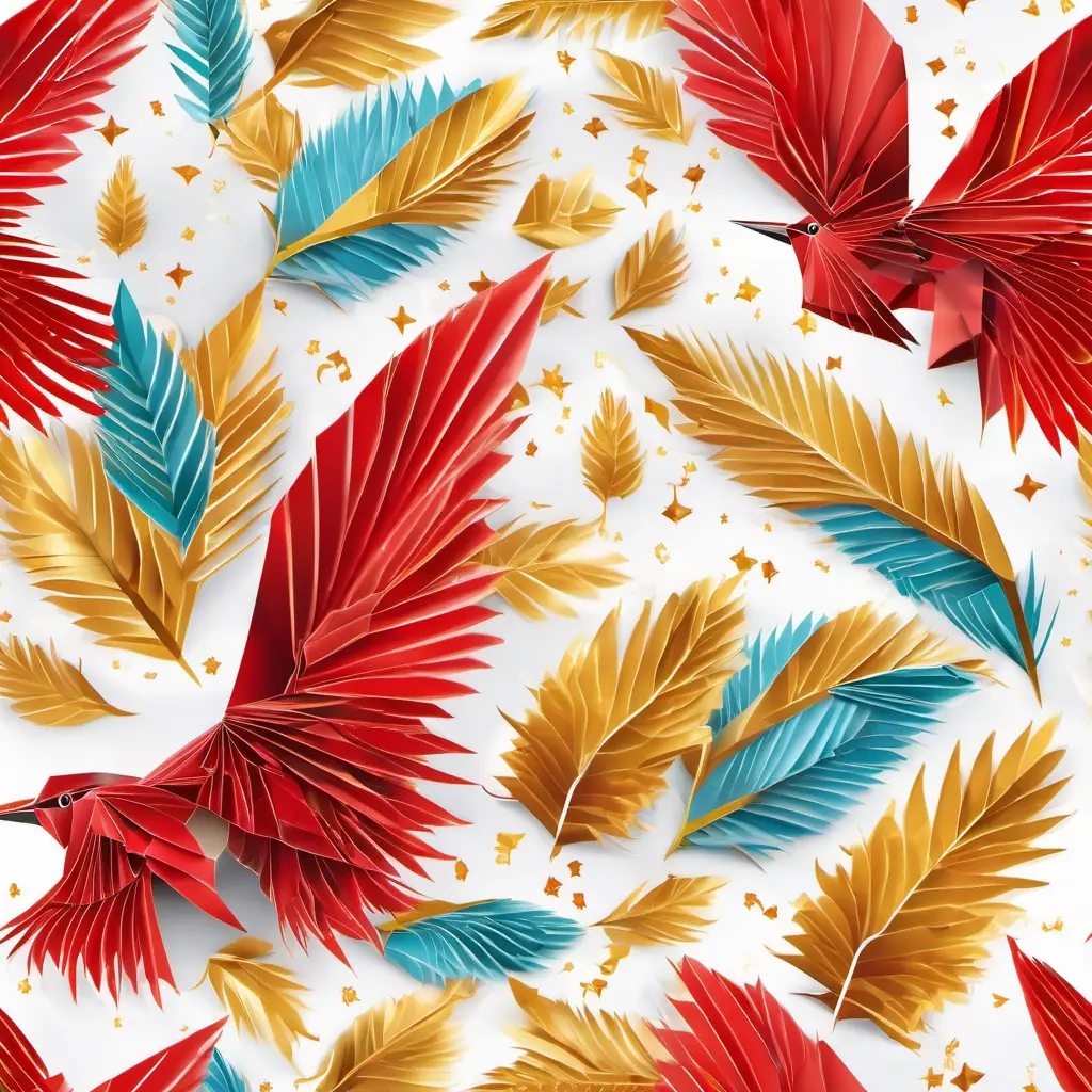 A feathery friend with bright red comb and golden wings strutting proudly, feathers all fluffed up, discovering a sparkling treasure.