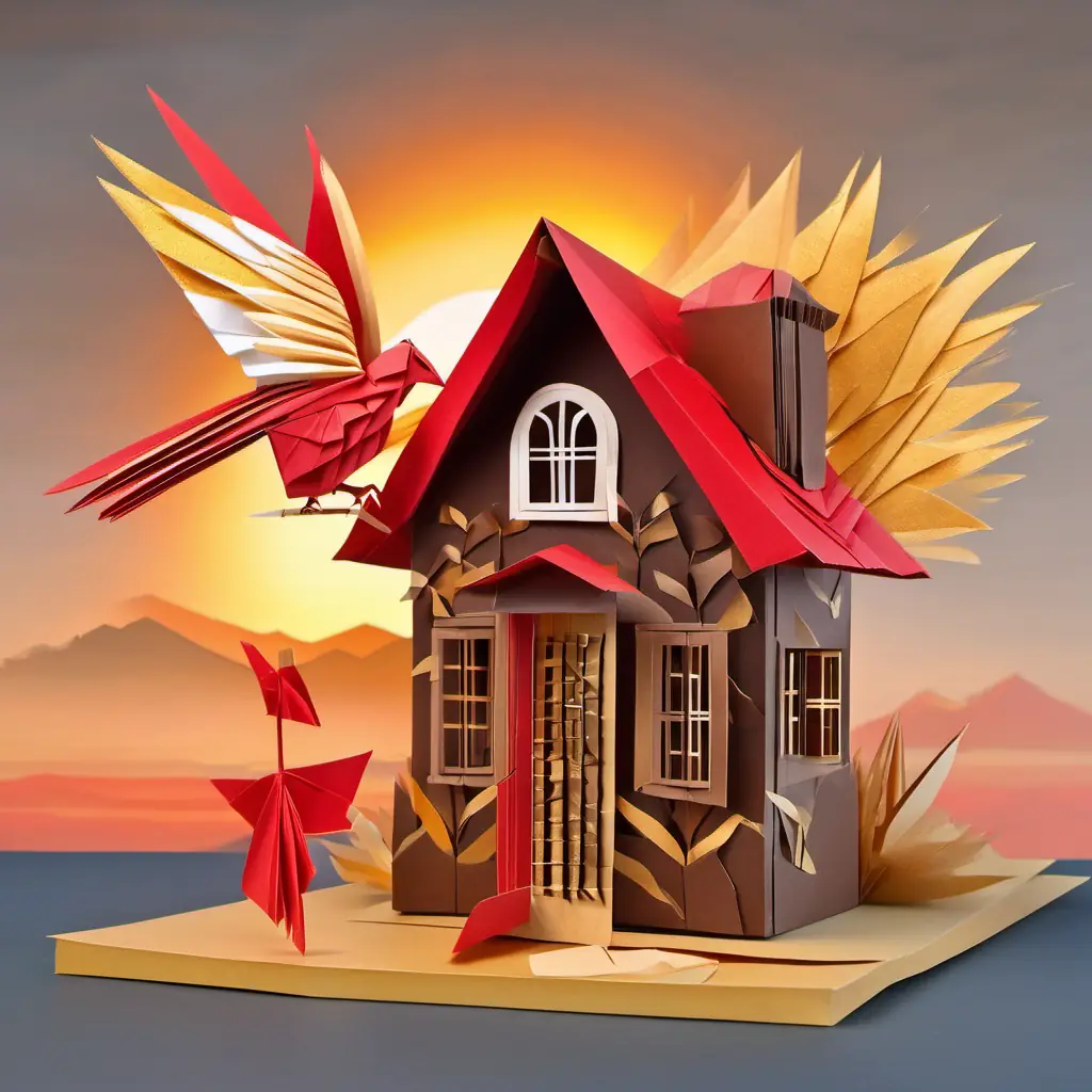 A feathery friend with bright red comb and golden wings dashing back to his wooden house, the sun starting to rise in the sky.