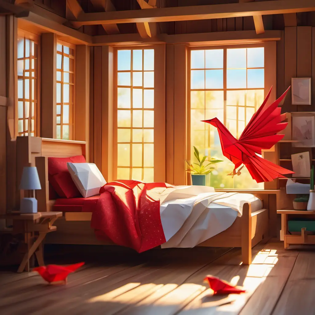 A feathery friend with bright red comb and golden wings nestled into bed in his cozy wooden house, starting to doze off as the morning light shines through the window.