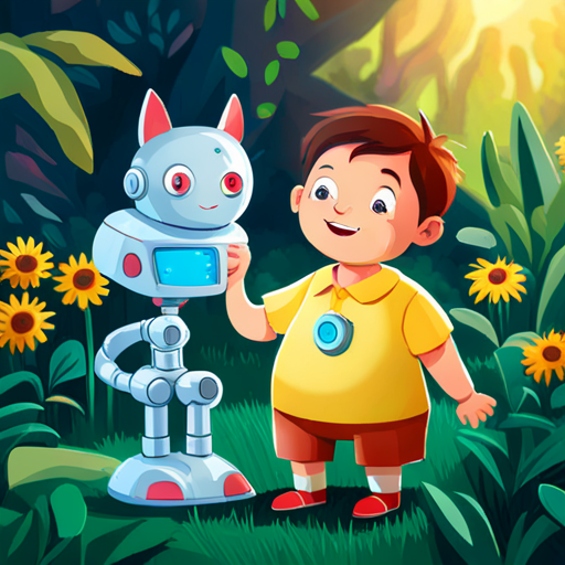 Blue robotic cat with magical gadgets, always smiling and little boy in a yellow shirt, curious and kind in a sunny backyard