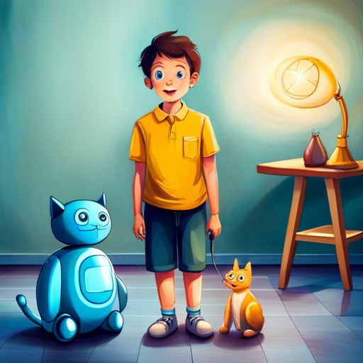 Surprised little boy in a yellow shirt, curious and kind and excited Blue robotic cat with magical gadgets, always smiling