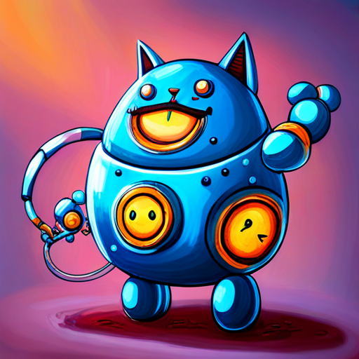 Blue robotic cat with magical gadgets, always smiling revealing his gadgets in a magical pocket
