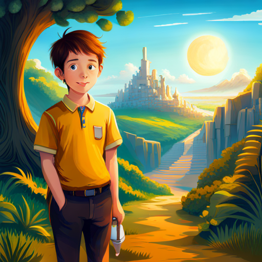 little boy in a yellow shirt, curious and kind and Blue robotic cat with magical gadgets, always smiling travel to ancient times