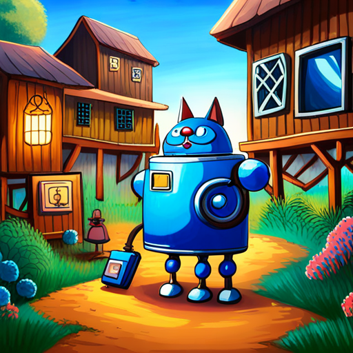 Blue robotic cat with magical gadgets, always smiling and little boy in a yellow shirt, curious and kind helping villagers with gadgets