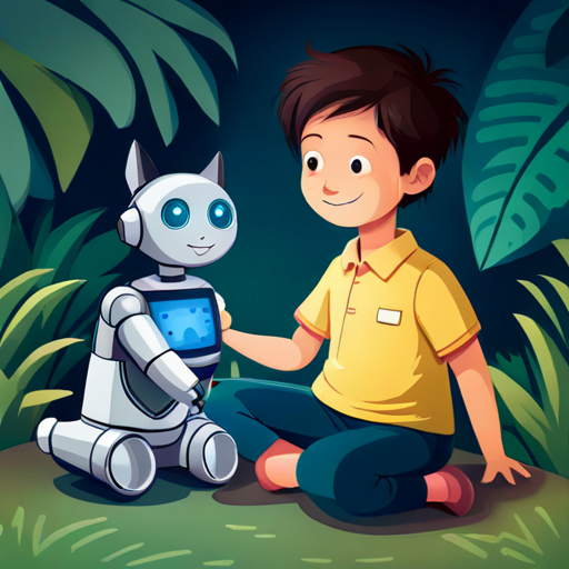 little boy in a yellow shirt, curious and kind and Blue robotic cat with magical gadgets, always smiling hugging each other happily