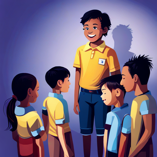 little boy in a yellow shirt, curious and kind and Blue robotic cat with magical gadgets, always smiling meeting A group of diverse and happy school girlren at school