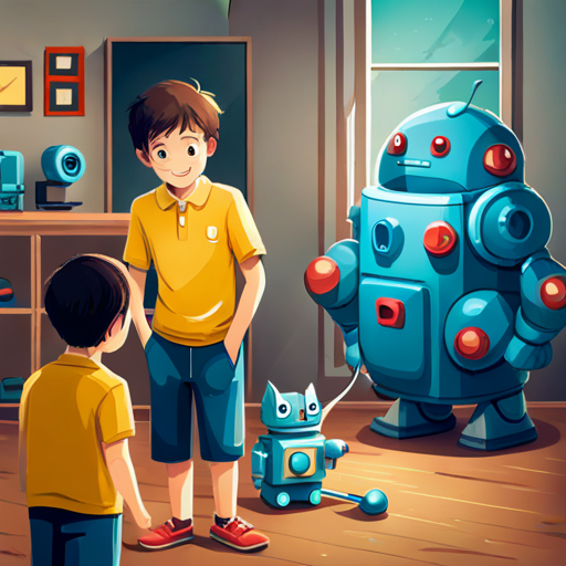 little boy in a yellow shirt, curious and kind's friends amazed by Blue robotic cat with magical gadgets, always smiling's gadgets
