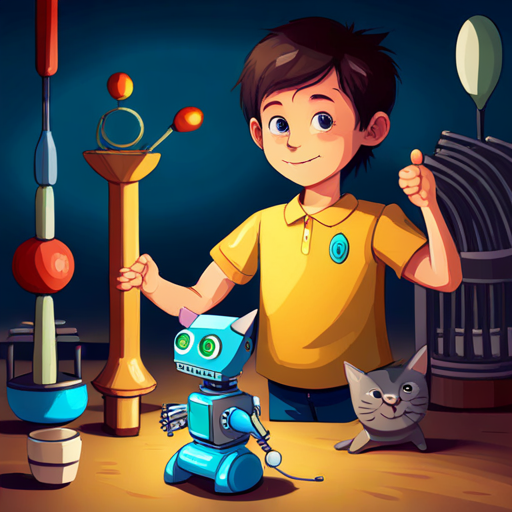 Blue robotic cat with magical gadgets, always smiling, little boy in a yellow shirt, curious and kind, and friends having fun together