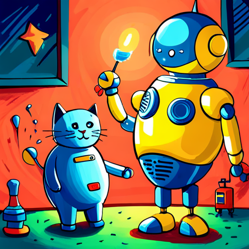 Blue robotic cat with magical gadgets, always smiling waving goodbye with little boy in a yellow shirt, curious and kind and friends