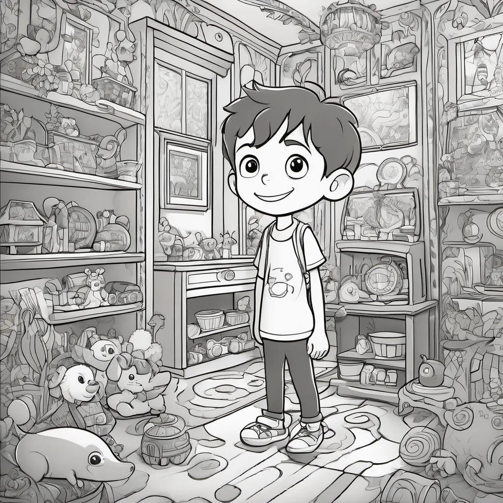 A young boy with wide eyes and a joyful expression, standing in a vibrant, whimsical room filled with colors and toys.