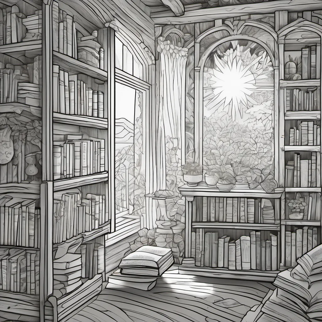 A dusty, old coloring book being discovered on a bookshelf, with beams of sunlight streaming in from a window.