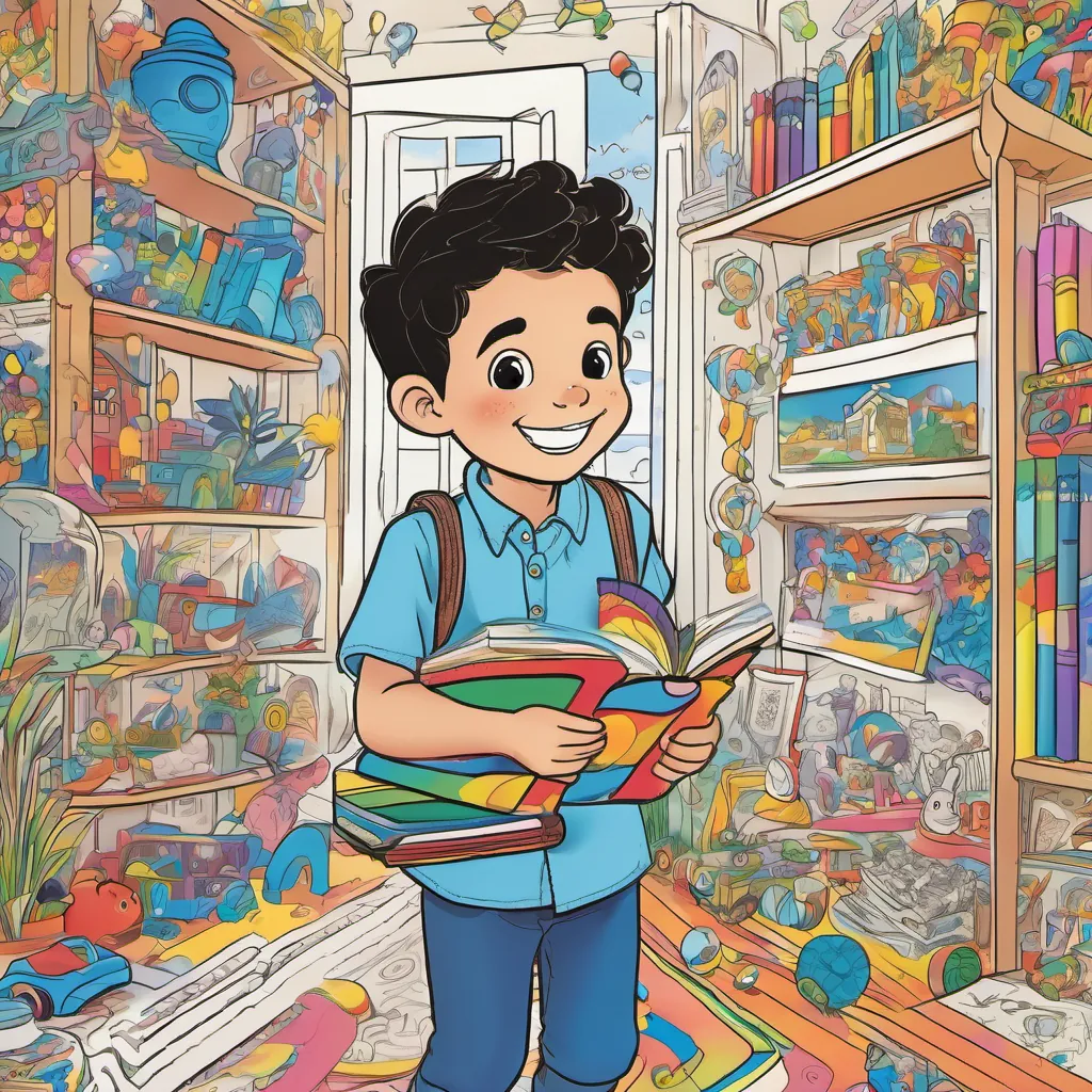 A young boy with wide eyes and a joyful expression, standing in a vibrant, whimsical room filled with colors and toys carefully putting the magical coloring book back on the shelf, with A personified blue crayon with a friendly face, imaginative and bold the crayon waving goodbye.