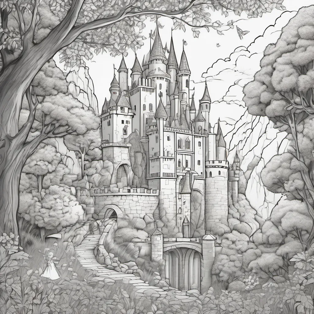 A magical scene where a drawn castle becomes real, with knights and fairies appearing.