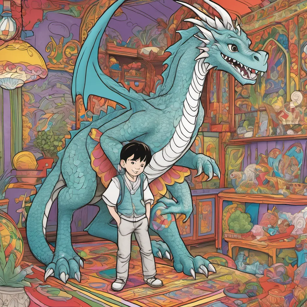 A friendly, majestic dragon offering A young boy with wide eyes and a joyful expression, standing in a vibrant, whimsical room filled with colors and toys to ride on its back.