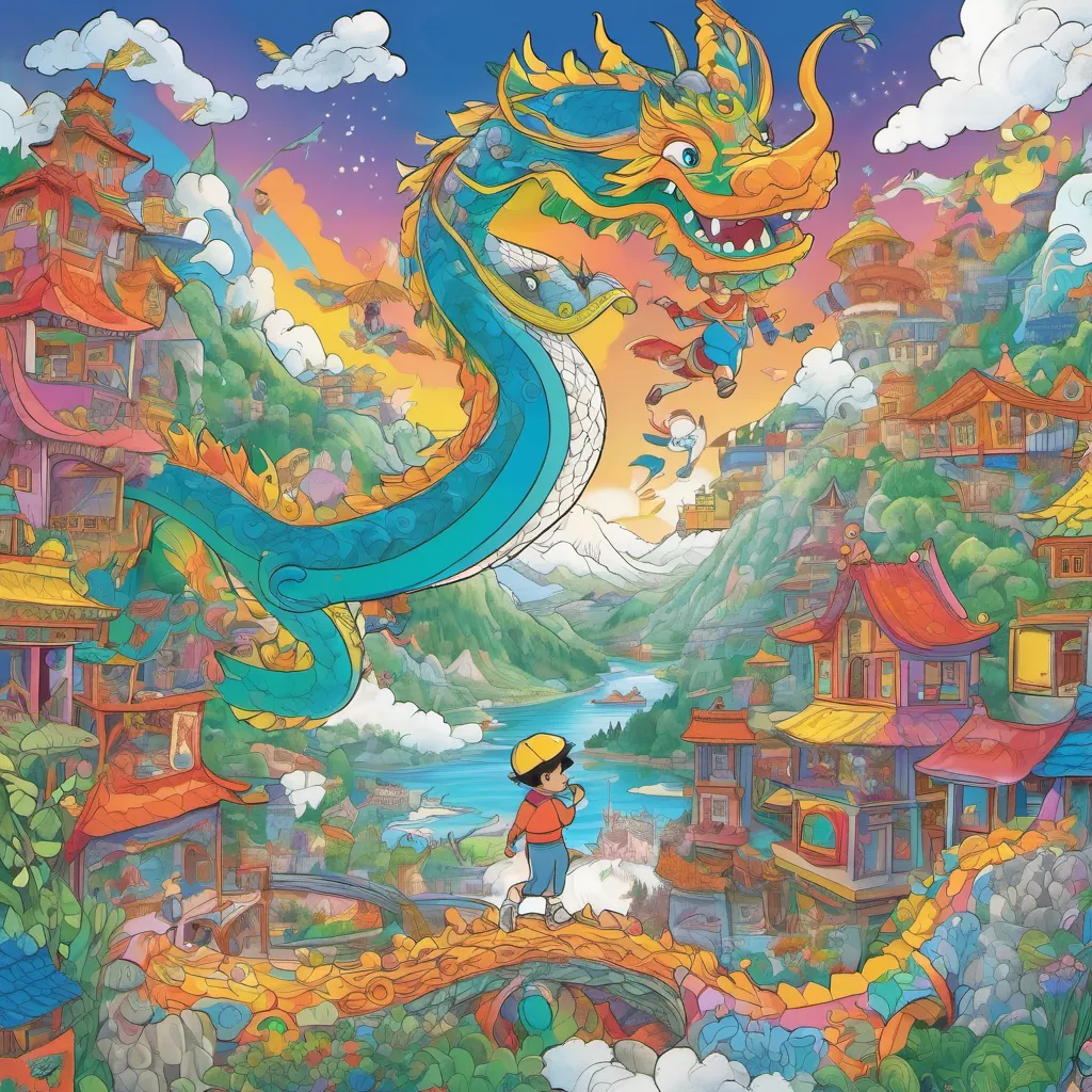 A young boy with wide eyes and a joyful expression, standing in a vibrant, whimsical room filled with colors and toys flying on the dragon with A personified blue crayon with a friendly face, imaginative and bold the crayon, soaring over mountains and lakes in the sky.