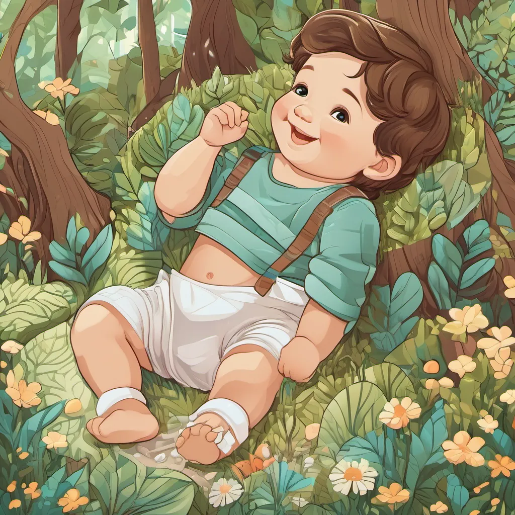 Baby boy with brown hair in a diaper sitting in a forest smiling widely