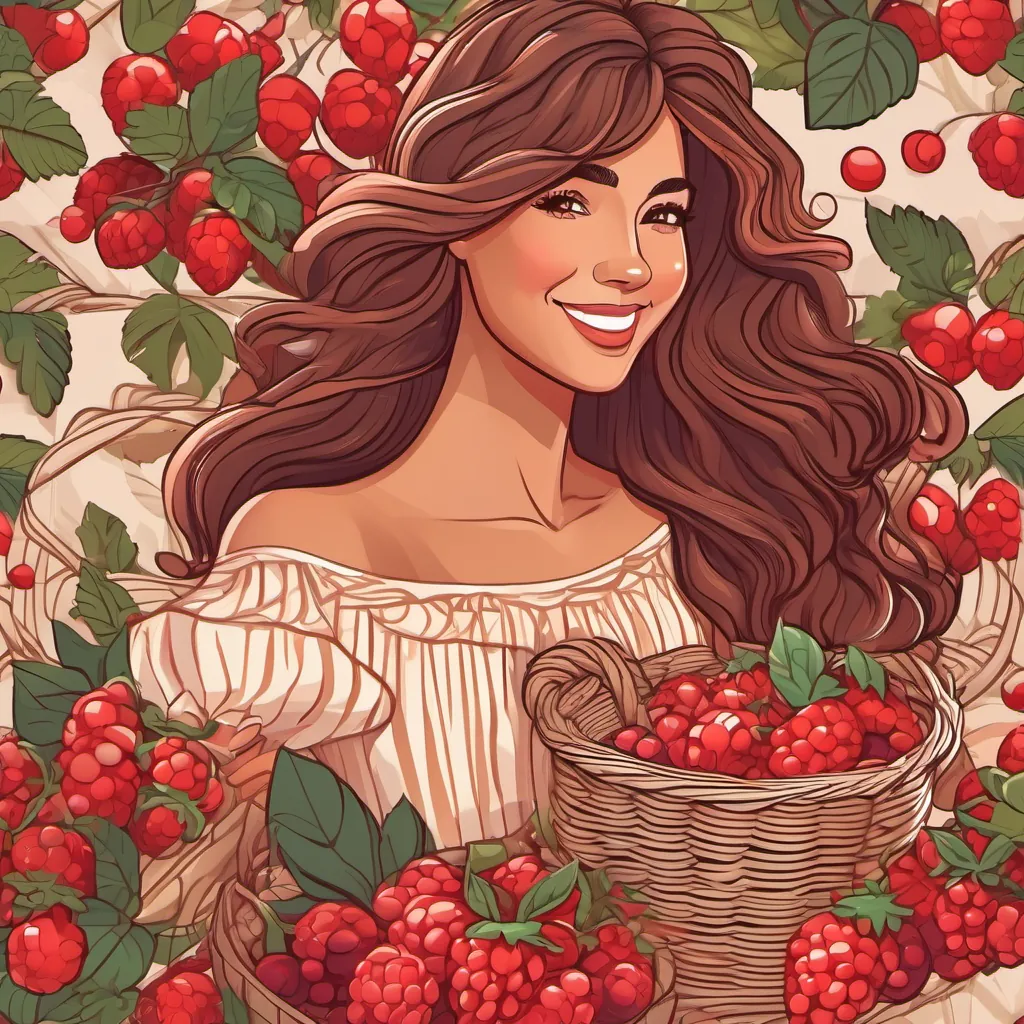 Beautiful woman with flowing brown hair, tanned skin, and rosy cheeks smiling and holding a basket of berries