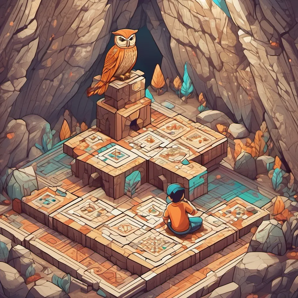 An owl and a boy playing tic-tac-toe in a cave