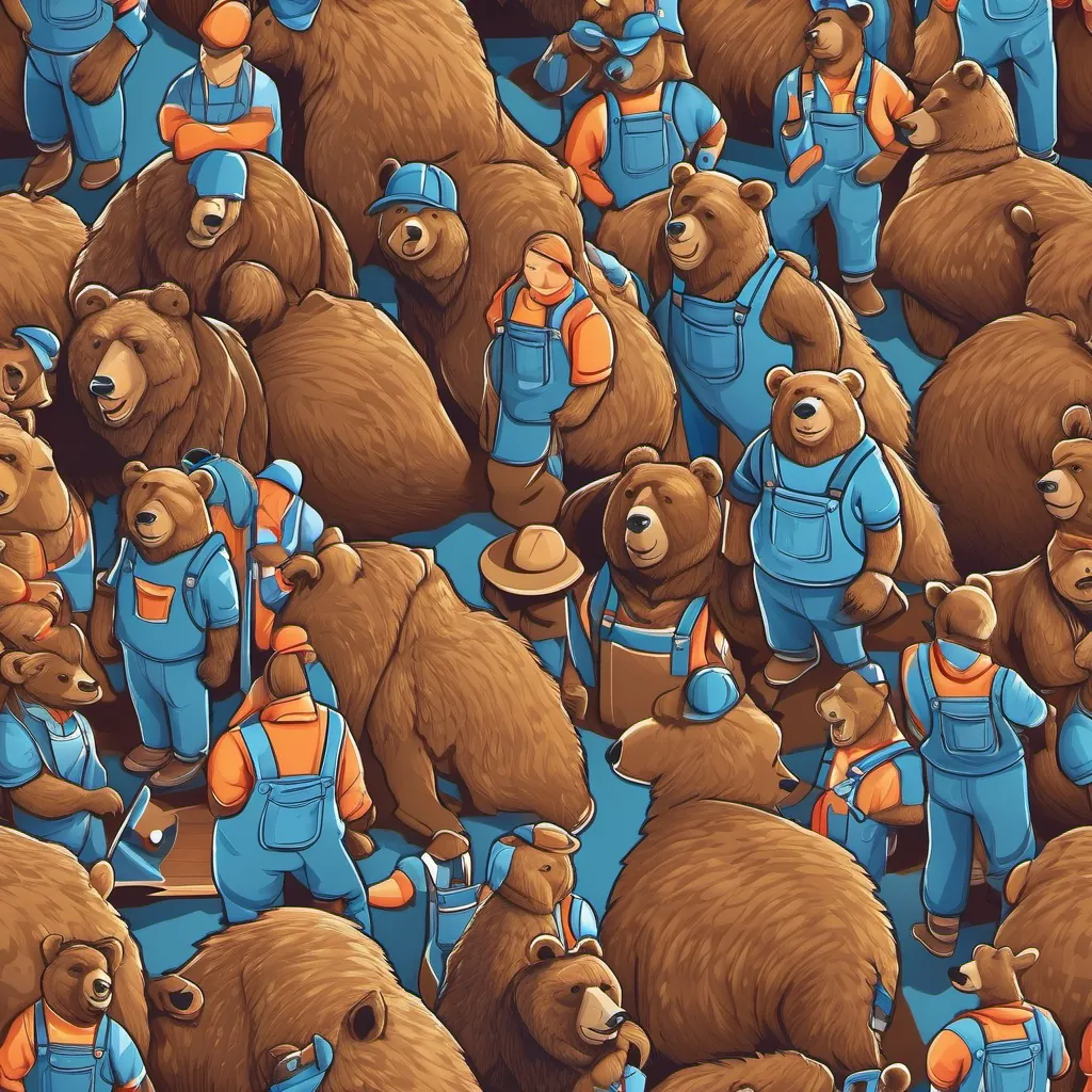 Big brown bear wearing blue overalls standing strong and smiling