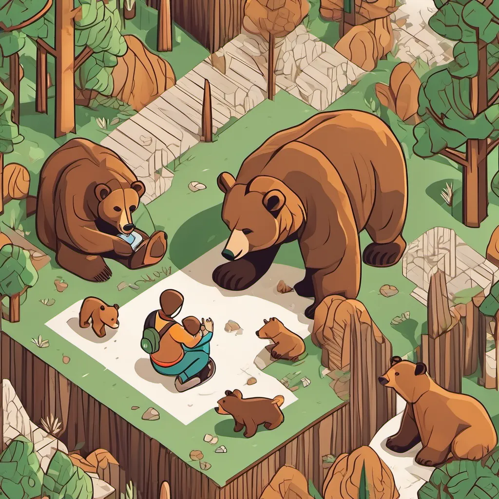Brown bear father and human mother talking to their baby boy in the woods
