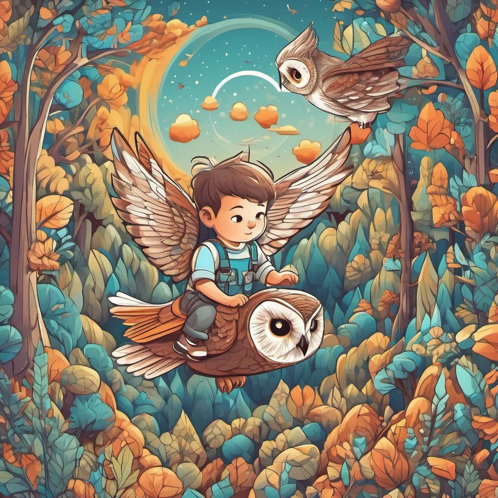 A baby boy and an owl flying high above a forest