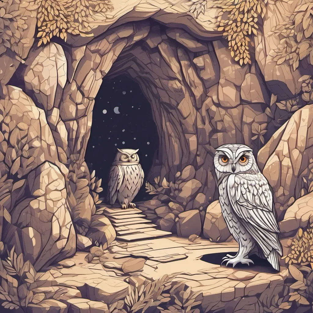 A wise, old owl talking to a small boy in front of a cave