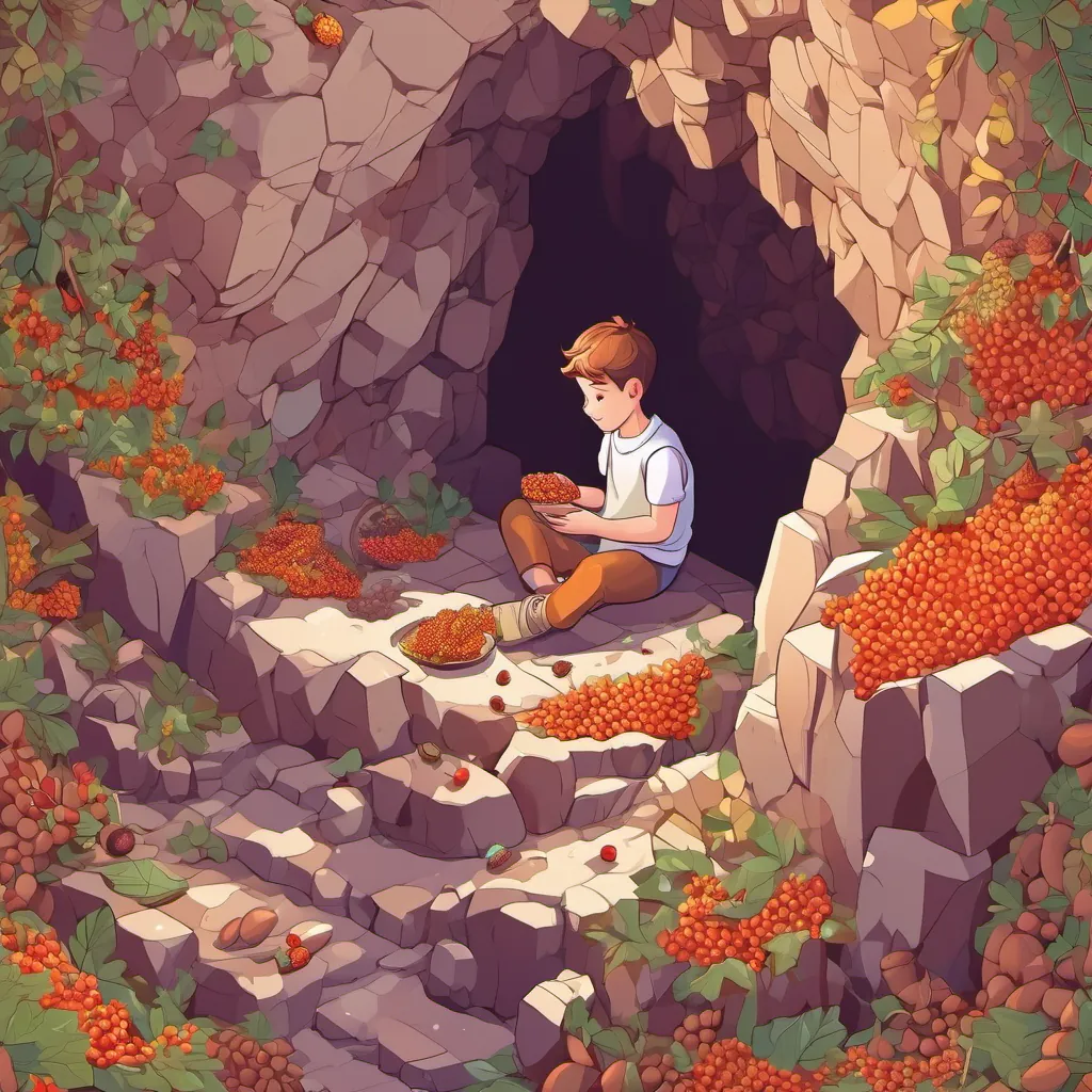 A boy sitting in a cave eating acorns and berries