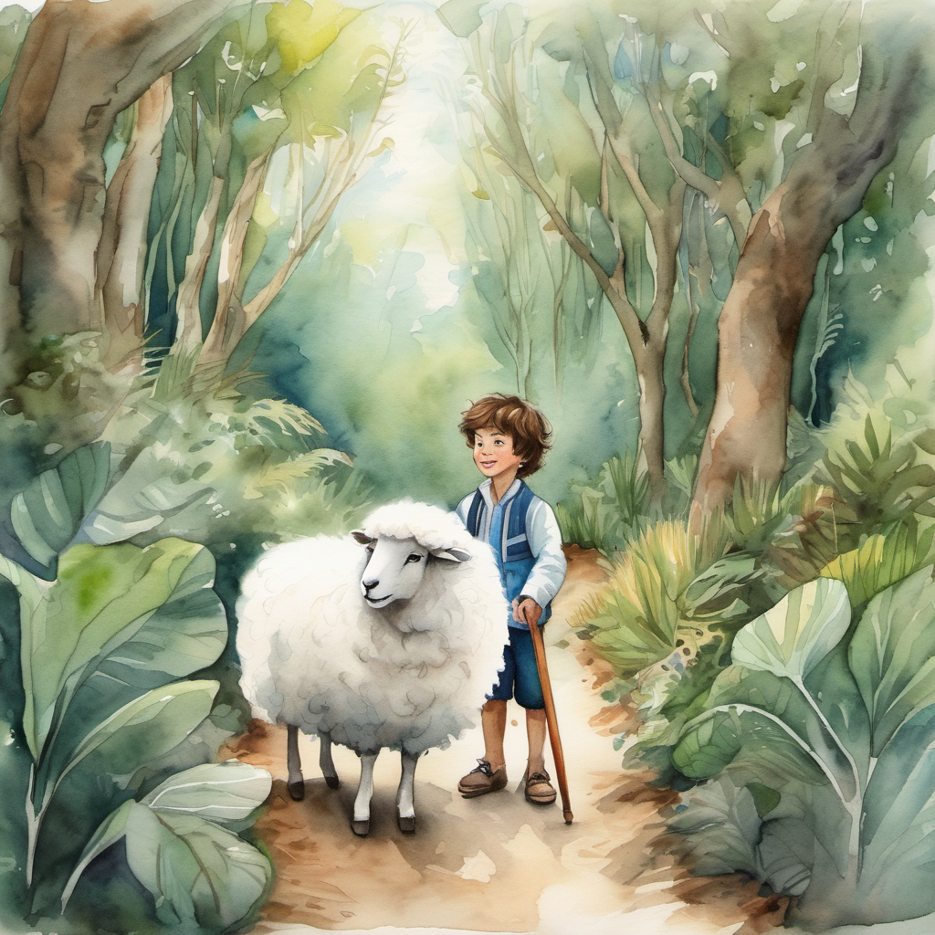 Jack - a happy boy with brown hair and Fluffy - a white sheep with a fluffy coat walking through the jungle