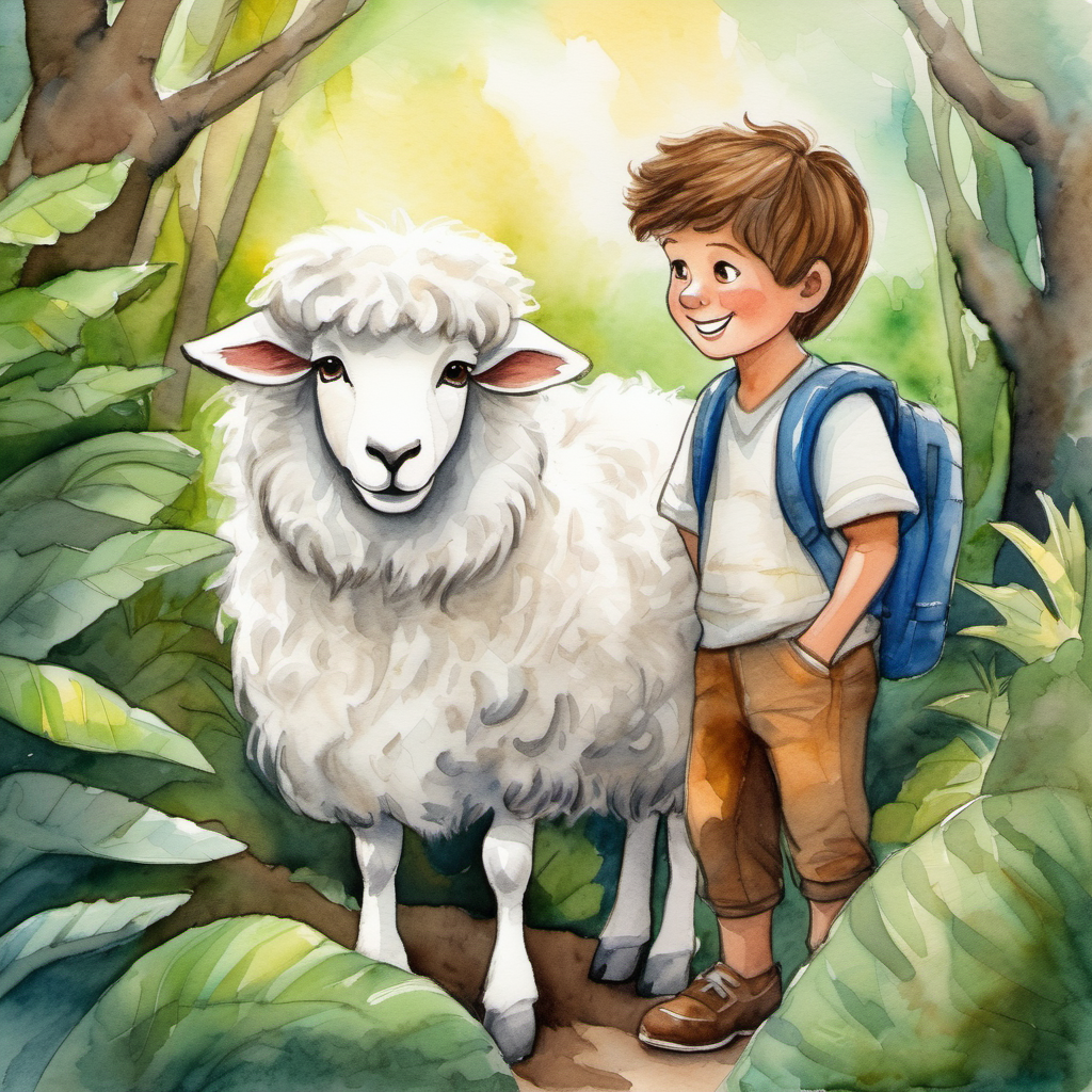 Jack - a happy boy with brown hair and Fluffy - a white sheep with a fluffy coat finding a friendly stranger in the jungle