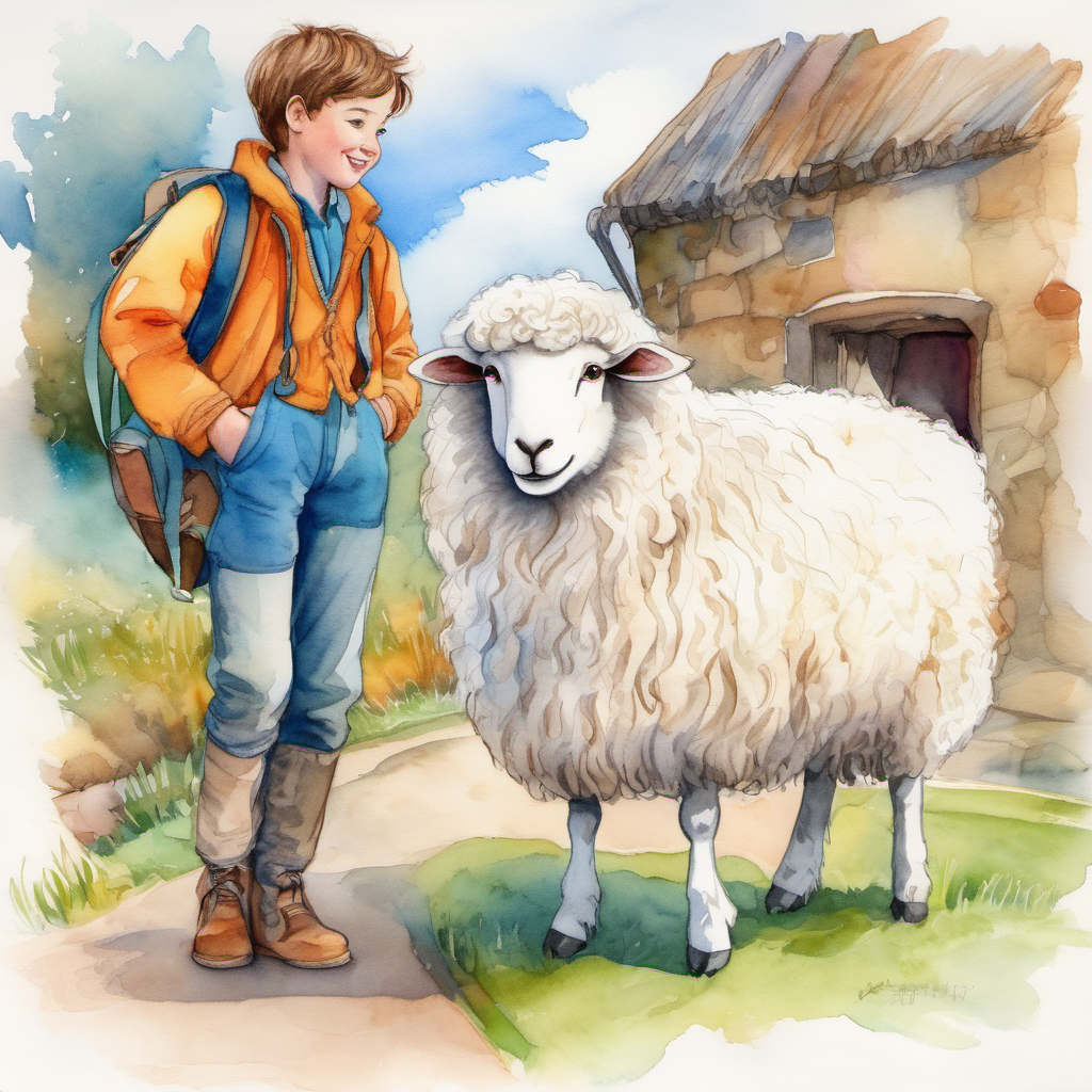 Jack - a happy boy with brown hair, Fluffy - a white sheep with a fluffy coat, and Leo - a friendly stranger wearing vibrant clothes discussing the way home