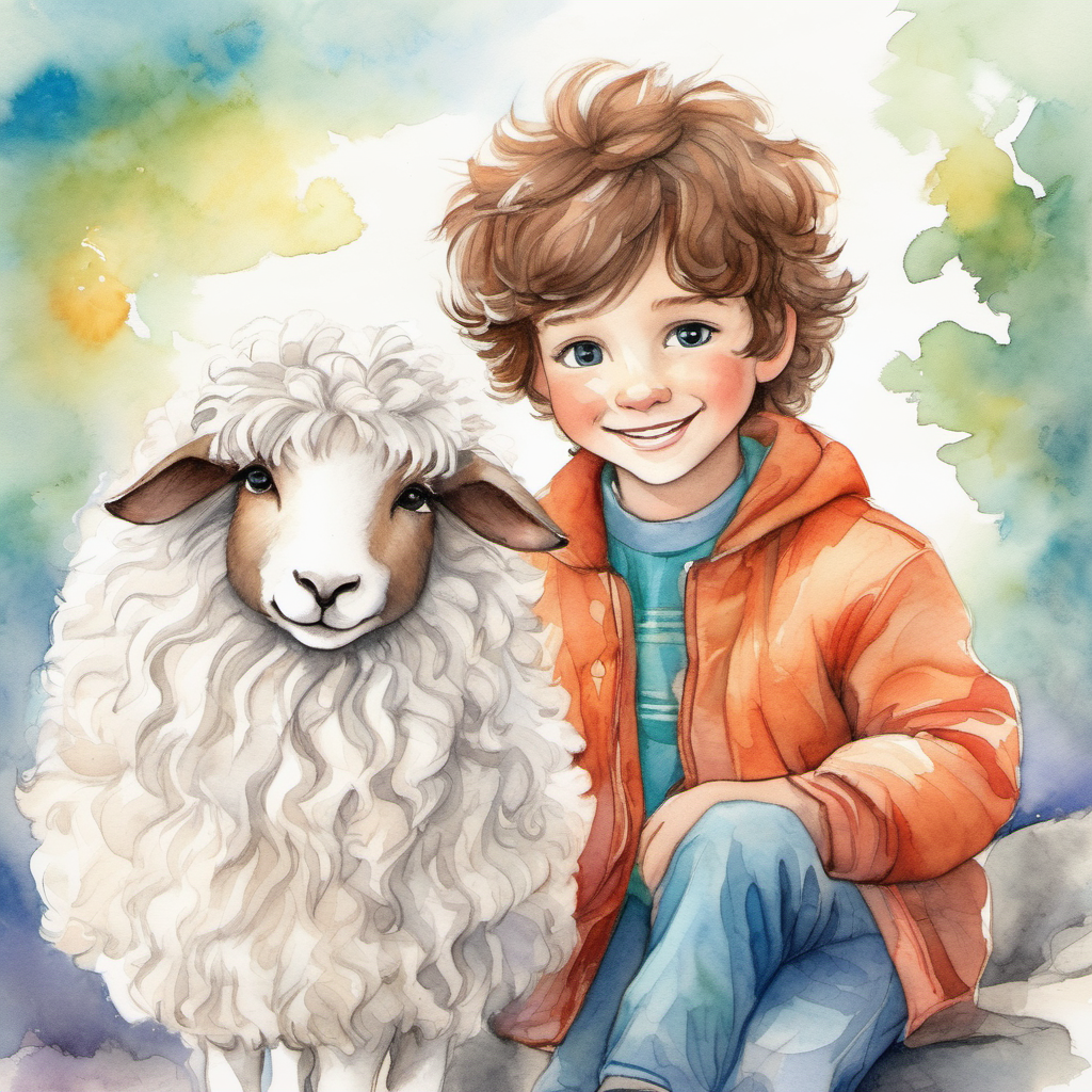 Jack - a happy boy with brown hair, Leo - a friendly stranger wearing vibrant clothes, and Fluffy - a white sheep with a fluffy coat bonding and having fun