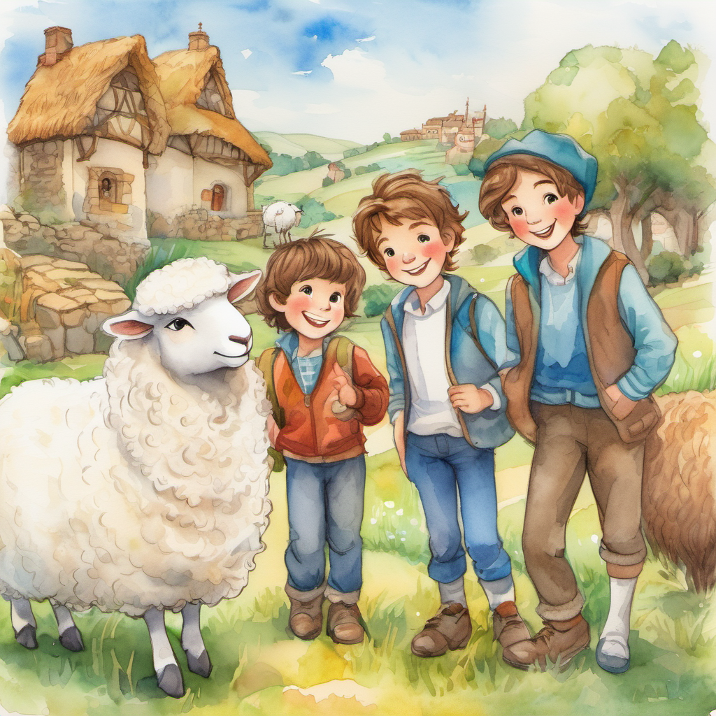 Jack - a happy boy with brown hair, Fluffy - a white sheep with a fluffy coat, Leo - a friendly stranger wearing vibrant clothes, and the villagers celebrating