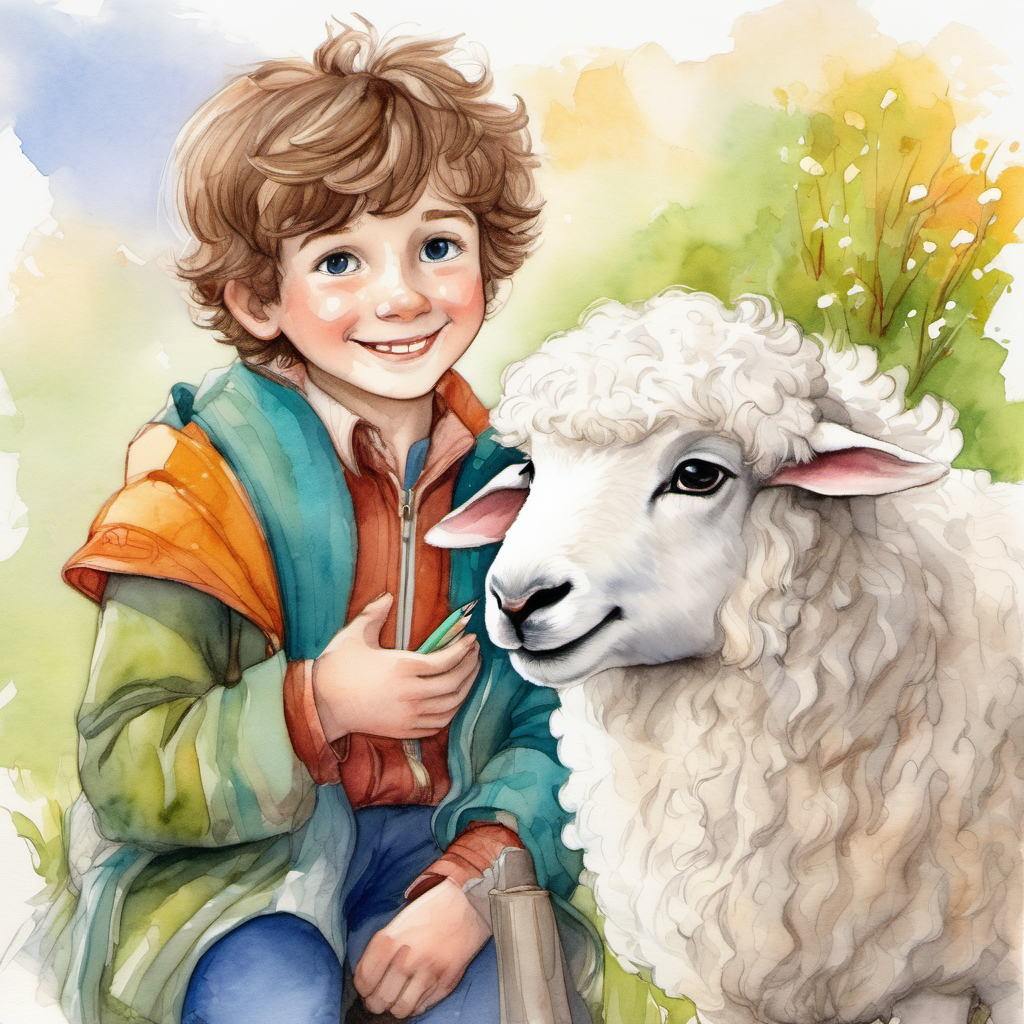 Jack - a happy boy with brown hair, Fluffy - a white sheep with a fluffy coat, and Leo - a friendly stranger wearing vibrant clothes exchanging promises and farewells