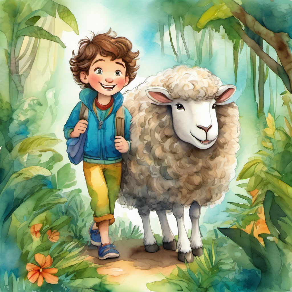 Jack - a happy boy with brown hair, Fluffy - a white sheep with a fluffy coat, and Leo - a friendly stranger wearing vibrant clothes exploring the jungle with joy