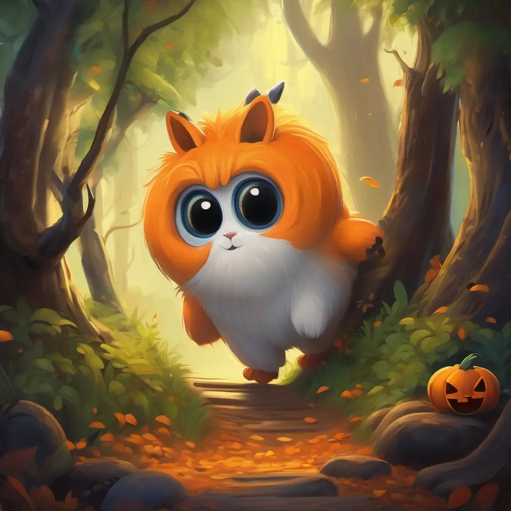 DDD is a small creature with big round eyes and a fluffy tail, 10 words max is hopping from tree to tree and finds a hidden path leading to a mysterious cave.