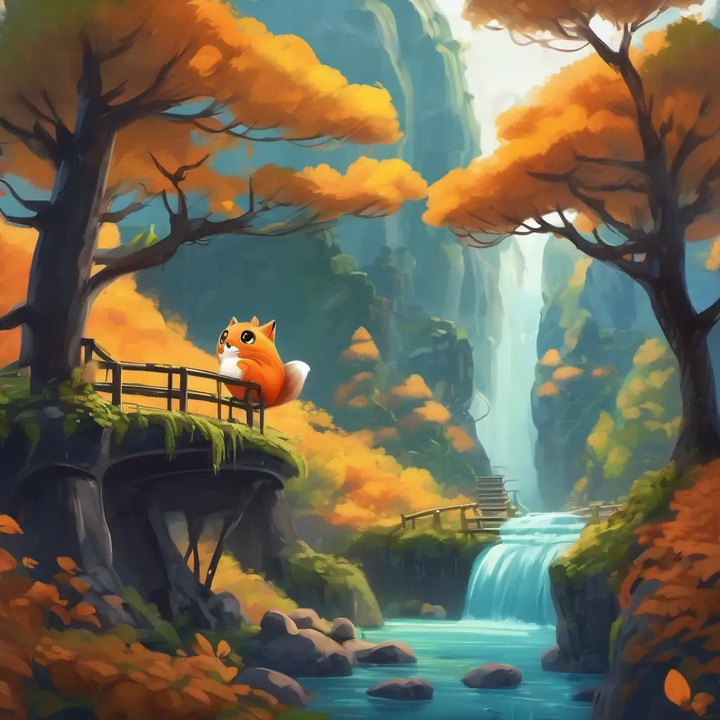 DDD is a small creature with big round eyes and a fluffy tail, 10 words max follows the map through the forest, crossing bridges and climbing mountains, and reaches a beautiful waterfall.