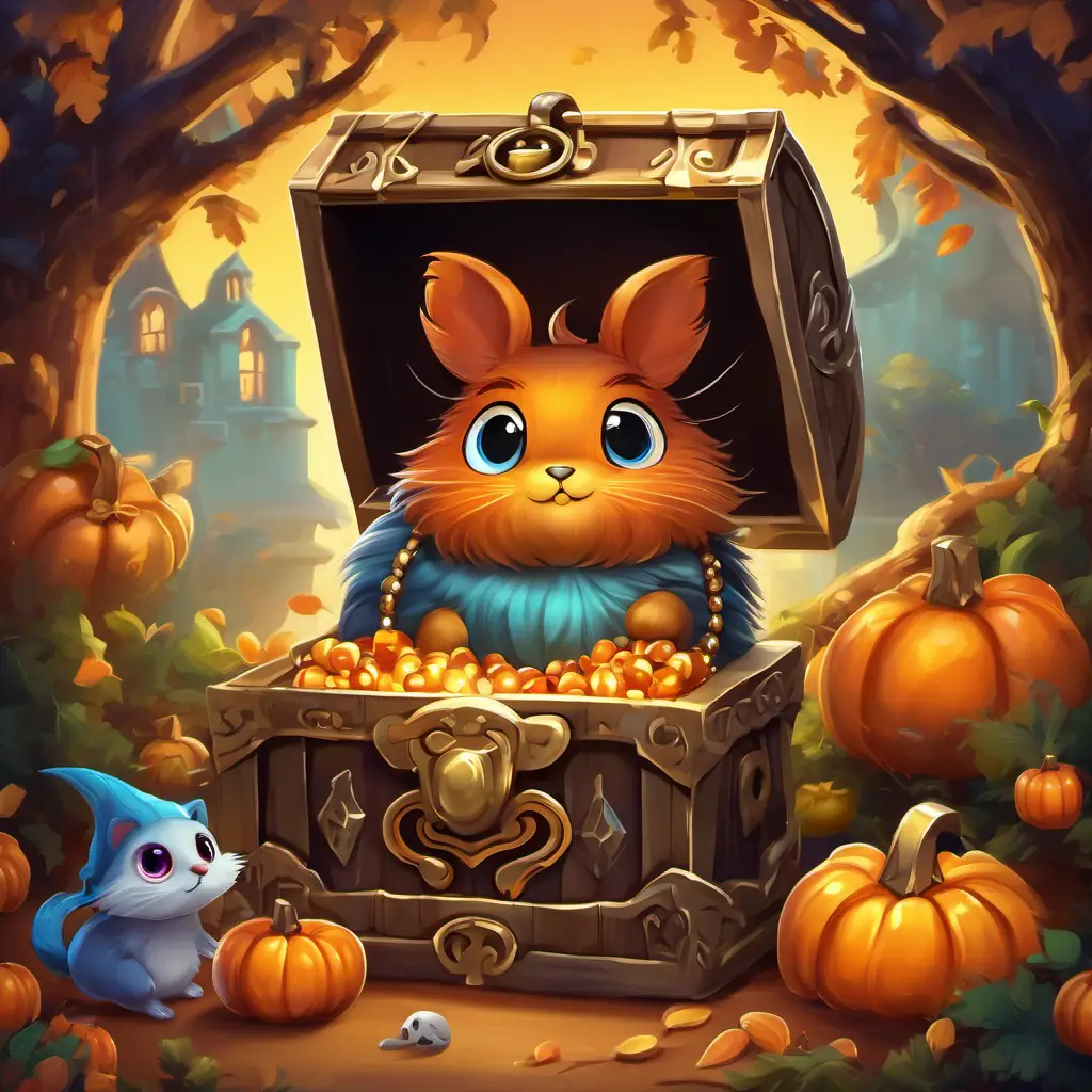 DDD is a small creature with big round eyes and a fluffy tail, 10 words max opens the treasure chest and finds shiny jewels and a magical key. DDD is a small creature with big round eyes and a fluffy tail, 10 words max returns home with the key.