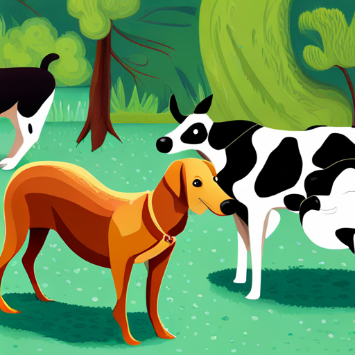 A brown dog with a wagging tail., a brown dog with a wagging tail A white cow with black spots., a white cow with black spots