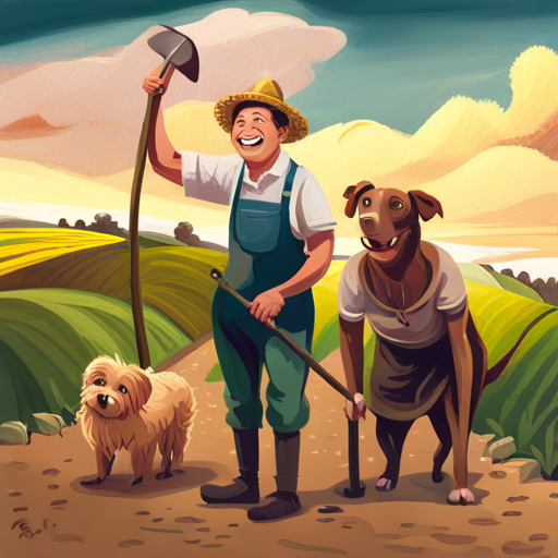 A farmer with a hat, holding a shovel. and A brown dog with a wagging tail. plowing the field with a big smile