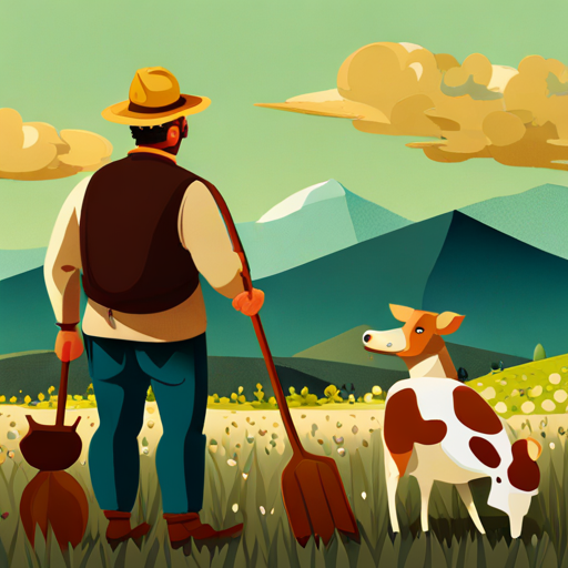 A farmer with a hat, holding a shovel., A brown dog with a wagging tail., and A white cow with black spots. looking at the shiny gold coins