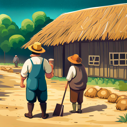 A farmer with a hat, holding a shovel. talking to the other villagers about the bag